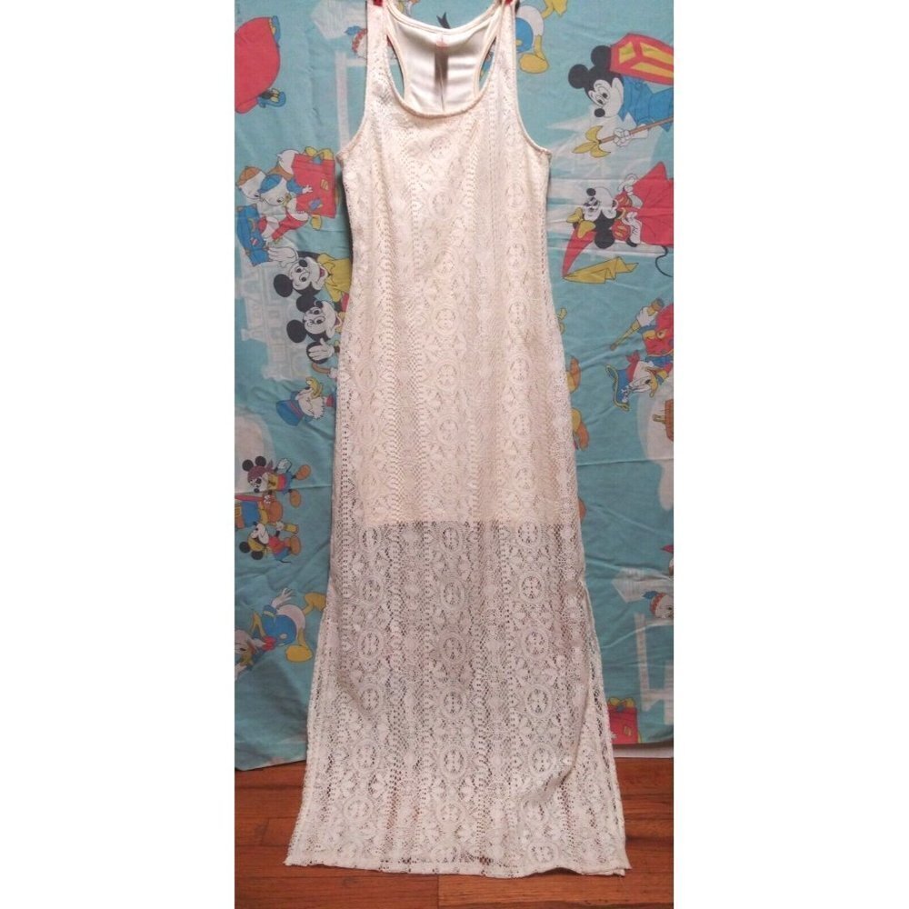 No Boundaries Lace Maxi Dress Cream Ivory Sz S Sleevless Racer Back Boho Country